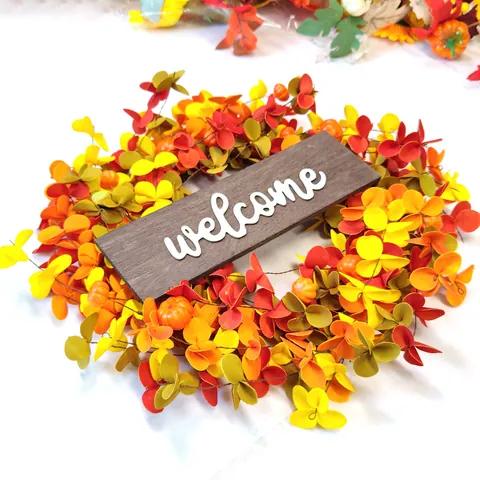 Autumn Wreath Thanksgiving Decoration For Front Door With Pumpkin Maple Leaves Berries And Welcome Wood Sign Fall Harvest Home Decor