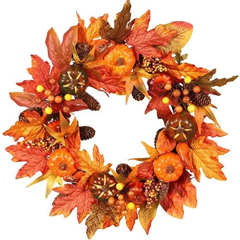 Guirnalda de Otoño de Calabaza y Hojas de Arce Para Acción de Gracias Halloween Decoración de Puerta Con Piñas Bayas