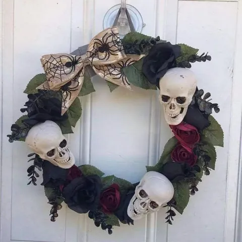 Halloween Kranz Gothik Kunststoff Totenkopf Geist Rose Künstliche Blumen Türbehang Deko Für Party Zuhause Wand Ornament 40cm