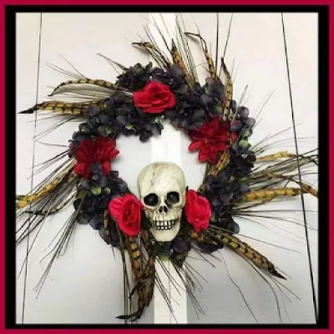 Halloween Kranz Gothik Kunststoff Totenkopf Geist Rose Künstliche Blumen Türbehang Deko Für Party Zuhause Wand Ornament 40cm