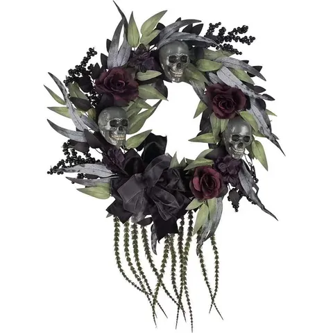 Halloween Wreath Decoration Gothic Spooky Skull Pumpkin Raven Spider Black Feather Rose Front Door Hanging Ornament Haunted House Party Supplies