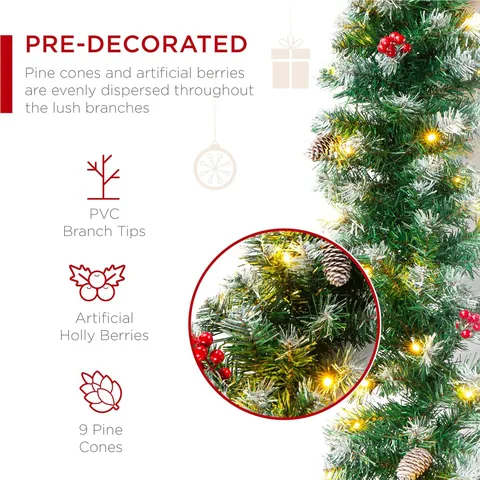 Voorverlichte Kerstslinger LED Verlichting Besneeuwd PVC Dennennaalden Rode Bessen Dennenappels Voor Open Haard Decor