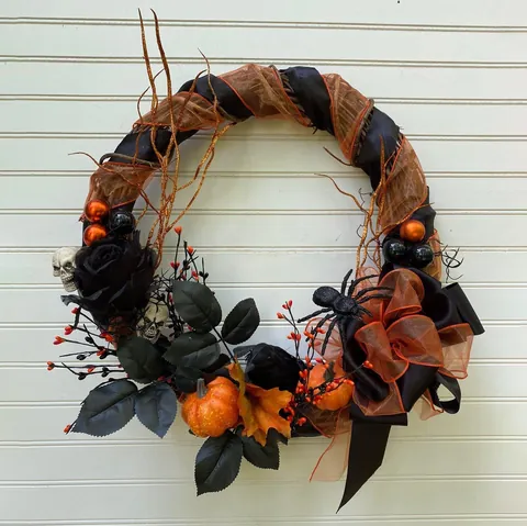 Halloween Wreath Decoration Gothic Spooky Skull Pumpkin Raven Spider Black Feather Rose Front Door Hanging Ornament Haunted House Party Supplies