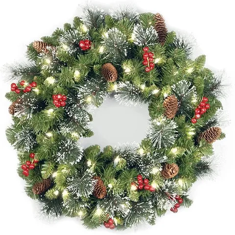 Voorverlichte Kerstslinger Met Rode Bessen Natuurlijke Dennenappels LED Verlichting Lange Kunstmatige Sneeuw Gevlokte Dennenslinger