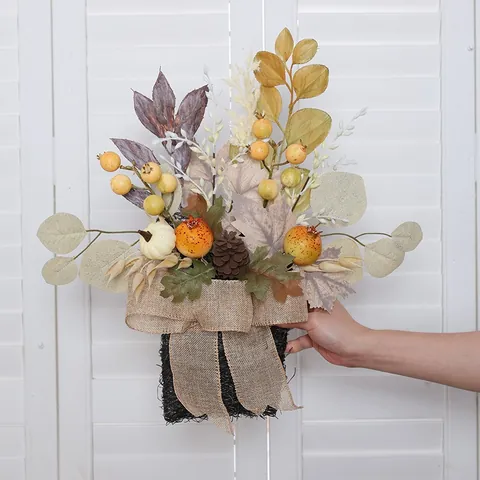 Artificial Fall Hanging Basket Wreath With White Pumpkins Maple Leaves Berries For Farmhouse Thanksgiving Home Decor