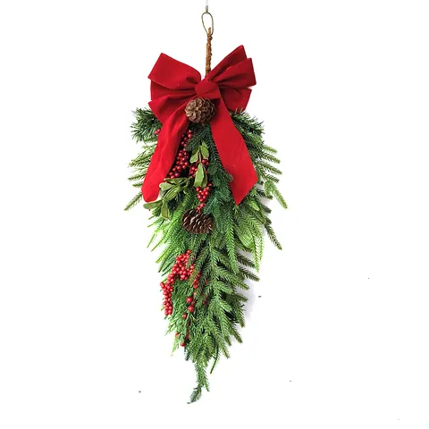 Weihnachten Hängezweig Künstliche Kiefernnadel Rote Beere Kiefernzapfen Rote Samtschleife Dekoration Wand Tür Festliches Grün