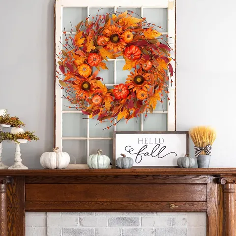 Ghirlanda Autunnale Rustica Con Girasoli Artificiali Zucche Foglie Di Acero Bacche Vite Naturale Per Ringraziamento Halloween Porta