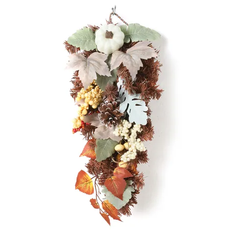 Artificial Autumn Harvest Wreath White Pumpkin Maple Leaf Pinecone Berry Thanksgiving Halloween Front Door Wall Hanging Decor Table Centerpiece