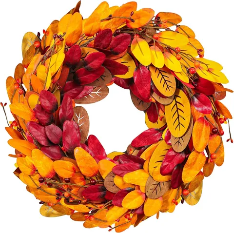 Autumn Harvest Fall Wreath With Maple Leaves Sunflowers White Pumpkins Pine Cones Berries For Thanksgiving Halloween Front Door Wall Decor