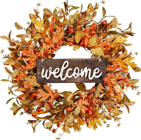 Artificial Fall Wreath With Welcome Sign Faux Maple Leaves Pumpkins Berries Harvest Autumn Home Decor For Front Door Thanksgiving