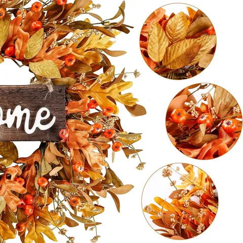 Artificial Fall Wreath With Welcome Sign Faux Maple Leaves Pumpkins Berries Harvest Autumn Home Decor For Front Door Thanksgiving