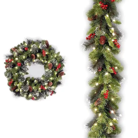 Voorverlichte Kerstslinger LED Verlichting Besneeuwd PVC Dennennaalden Rode Bessen Dennenappels Voor Open Haard Decor