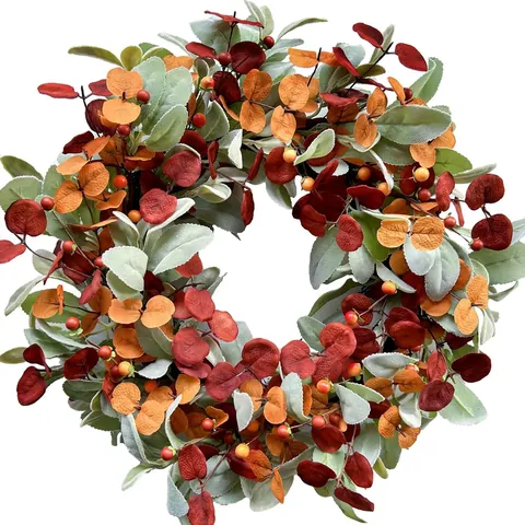 Artificial Autumn Wreath Lambs Ear Leaves Berries Farmhouse Home Wall Window Thanksgiving Halloween Wedding Decorative Garland