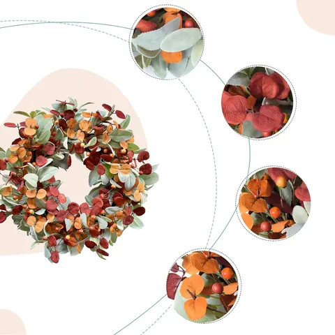 Artificial Autumn Wreath Lambs Ear Leaves Berries Farmhouse Home Wall Window Thanksgiving Halloween Wedding Decorative Garland