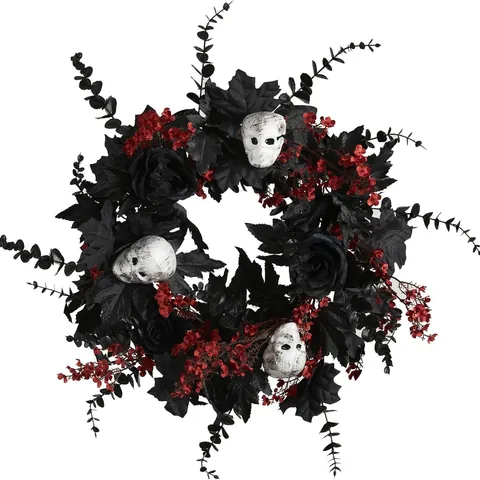Gothic Halloween Wreath With Black Maple Leaves Roses Skulls And Red Berries For Front Door Wall Window Party Decoration