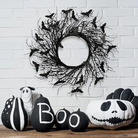 Halloween Black Bat Wreath Front Door Decoration Glitter Bat Twig Wreath For Gothic Home Party Wall Window Decor