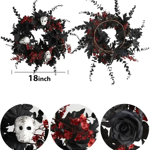Gothic Halloween Wreath With Black Maple Leaves Roses Skulls And Red Berries For Front Door Wall Window Party Decoration