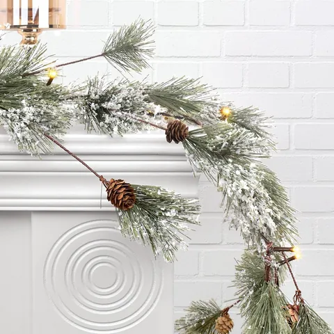 Plastic Christmas Pine Needle Garland With Snow Natural Pinecones Warm LED Lights For Fireplace Table Home Decor Party