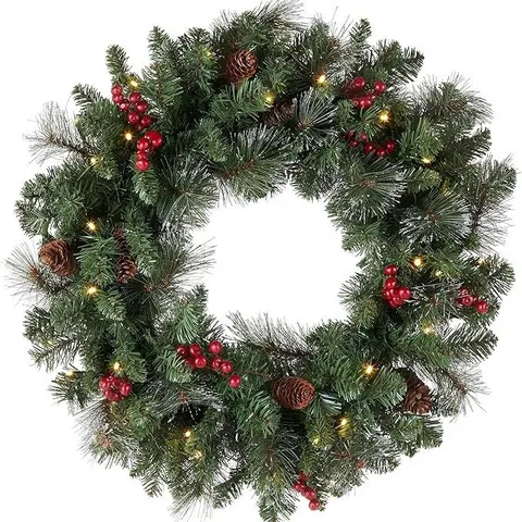 Pre-Lit Christmas Wreath Decorated With Natural Pinecones Red Berries Simulated Pine Needles Warm White LED Lights Holiday Home Door Decoration