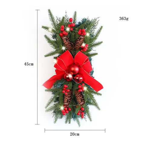 Ghirlanda Natalizia Teardrop Con Luci LED Calde Fiocco Rosso Bacche Pigne Verde Artificiale Per Decorazione Porta Scale