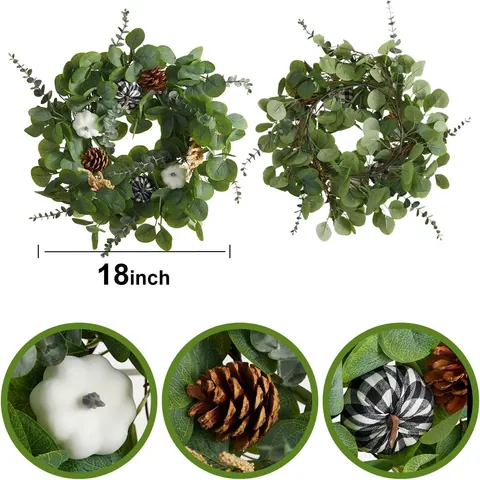 Fall Eucalyptus Wreath With White Pumpkins Pine Cones And Wheat Ears For Thanksgiving Halloween Autumn Indoor Decoration