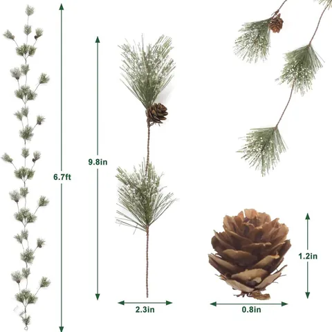 Plastic Christmas Pine Needle Garland With Snow Natural Pinecones Warm LED Lights For Fireplace Table Home Decor Party