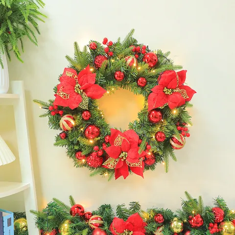 Artificial Christmas Wreath And Garland With LED Lights PE PVC Pine Needles Poinsettia Flower Ornaments For Holiday Home Hotel Wall Hanging Decor