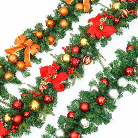 Artificial Christmas Garland With LED Lights Poinsettia Flowers Balls For Stairs Door Window Xmas Home Party Decoration