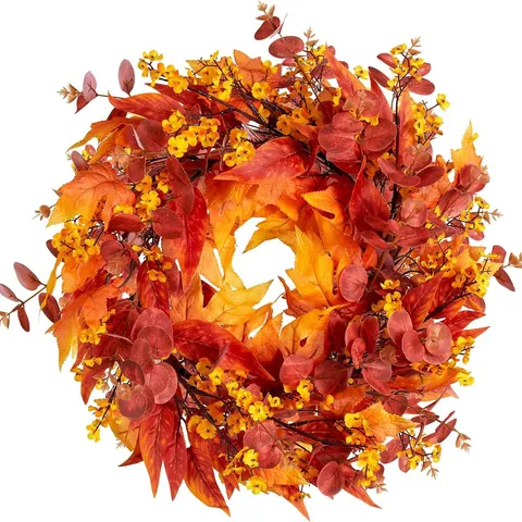 Autumn Maple Leaf Wreath With Eucalyptus Leaves Yellow Flowers For Front Door Thanksgiving Halloween Harvest Festival Seasonal Home Decor