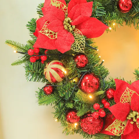 Artificial Christmas Wreath And Garland With LED Lights PE PVC Pine Needles Poinsettia Flower Ornaments For Holiday Home Hotel Wall Hanging Decor