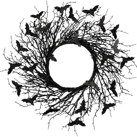 Halloween Black Bat Wreath Front Door Decoration Glitter Bat Twig Wreath For Gothic Home Party Wall Window Decor