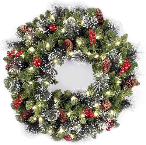 Pre-Lit Christmas Wreath Decorated With Natural Pinecones Red Berries Simulated Pine Needles Warm White LED Lights Holiday Home Door Decoration