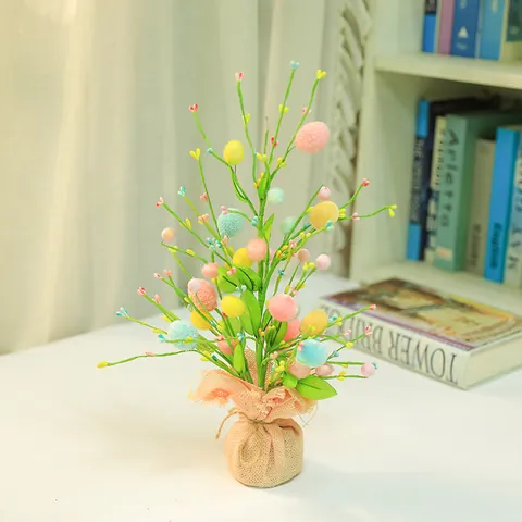 Easter Egg Artificial Tree With Linen Base Colorful Foam Eggs Pastoral Desktop Ornament For Spring Party Home Table Decoration