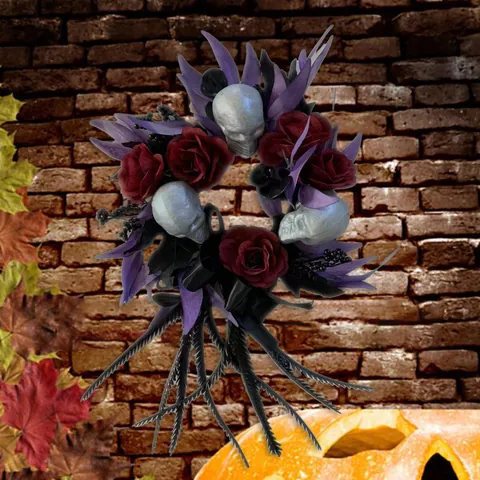 Halloween Simulation Skull Rose Wreath Gothic Dark Style Door Hanging Decoration Artificial Flower Wreath Party Supplies