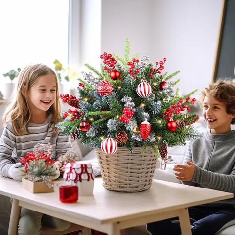 Snow Flocked Christmas Tree Stakes Urn Filler LED Lights Pine Needles Red Berries Pine Cones Garden Outdoor Holiday Decor