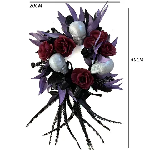 Halloween Simulation Skull Rose Wreath Gothic Dark Style Door Hanging Decoration Artificial Flower Wreath Party Supplies