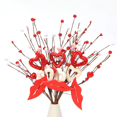 Ramo Decorativo Artificiale Con Cuori Labbra e Bacche Rosse Per San Valentino Matrimonio Festa Casa Stelo Floreale