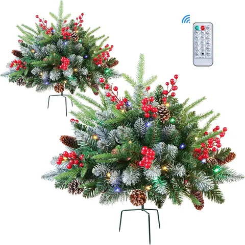 Snow Flocked Christmas Tree Stakes Urn Filler LED Lights Pine Needles Red Berries Pine Cones Garden Outdoor Holiday Decor