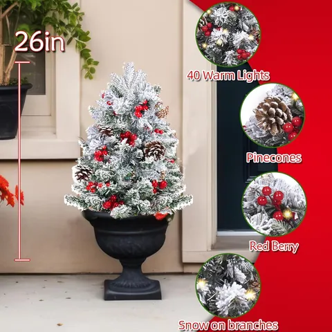 Artificial Flocked Christmas Tree With Pinecones Red Berries Warm LED Lights Metal Stand Outdoor Garden Winter Holiday Home Decor
