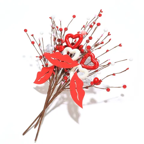 Ramo Decorativo Artificiale Con Cuori Labbra e Bacche Rosse Per San Valentino Matrimonio Festa Casa Stelo Floreale