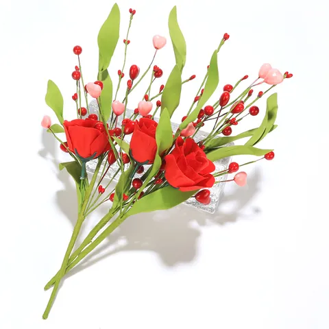 Artificial Rose Stem With Heart Shaped Berries Silk Fabric Flower Branch For Valentine Mother Day Wedding Home Decor Decorative Branch