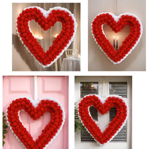Valentine's Day Heart Pompom Wreath Romantic Red Pink White Plush Heart Hanging Ornament For Wedding Party Home Wall Decor