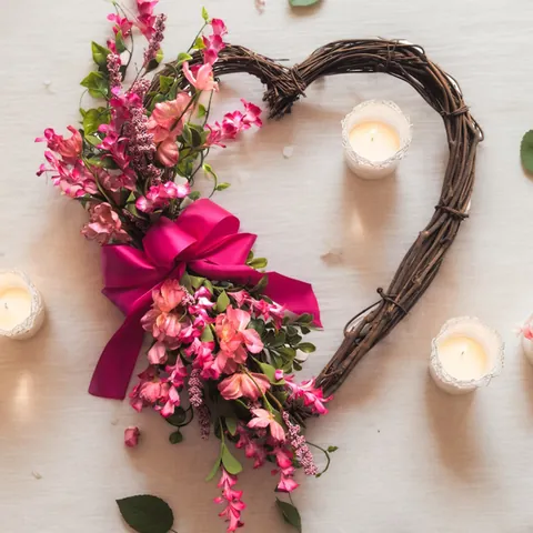 Heart Shaped Rattan Wreath With Artificial Pink Flowers And Satin Bow Mother's Day Valentine's Day Wedding Home Door Wall Hanging Decoration