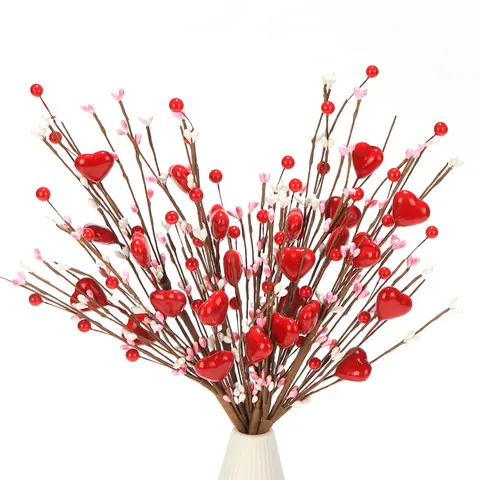 Ramo di Bacche a Cuore Artificiale per San Valentino Festa della Mamma Steli di Bacche in Schiuma Rosso Rosa per Decorazione Casa