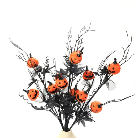 Künstliche Halloween Kürbiszweige Jack-o'-lantern Gesicht Ahornblätter Netz Dekorative Picks Für Home Party Desktop Deko