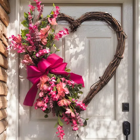 Heart Shaped Rattan Wreath With Artificial Pink Flowers And Satin Bow Mother's Day Valentine's Day Wedding Home Door Wall Hanging Decoration