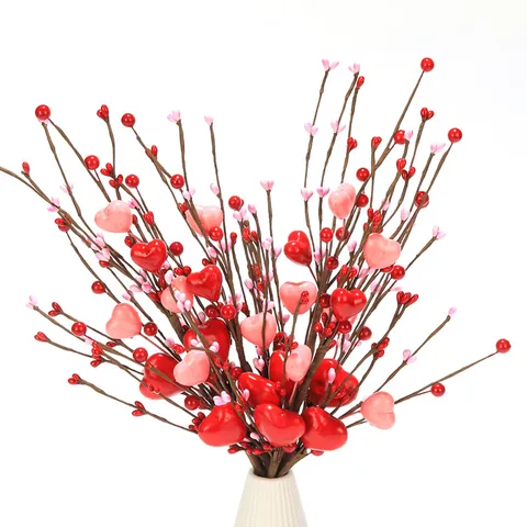 Ramo di Bacche a Cuore Artificiale per San Valentino Festa della Mamma Steli di Bacche in Schiuma Rosso Rosa per Decorazione Casa