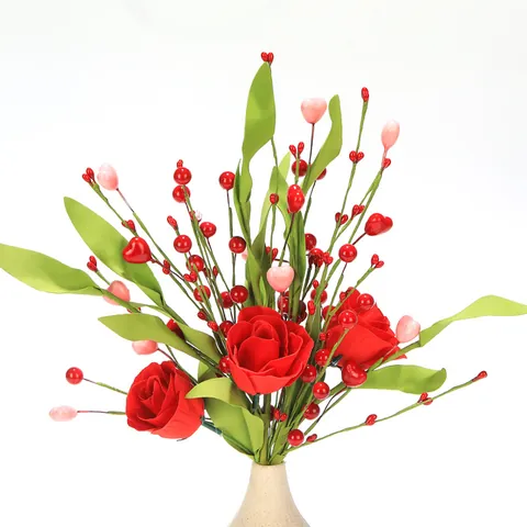 Artificial Rose Stem With Heart Shaped Berries Silk Fabric Flower Branch For Valentine Mother Day Wedding Home Decor Decorative Branch