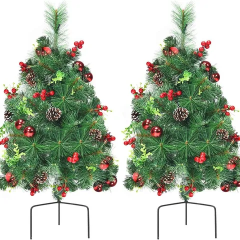 Künstlicher Weihnachtsbaum Mit Kiefernnadeln Rote Beeren Tannenzapfen LED-Lichter Außenbereich Erdspieß Deko Für Garten Hof Heim