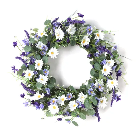 Künstlicher Blumenkranz Mit Satin Gänseblümchen Lavendel Sonnenblume Eukalyptusblättern Für Haustür Wand Hochzeit Heimdekor